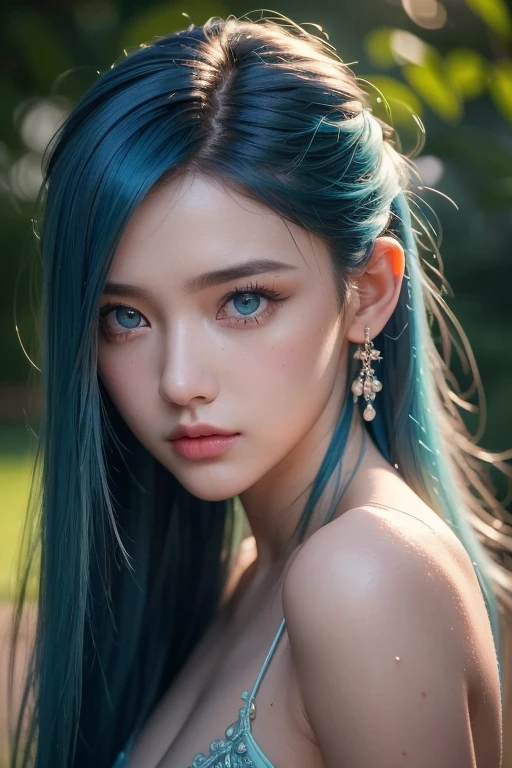 At night, RAW photo, (((extremely beautiful portrait))), ((glistening skin)), 1girl, 27 years old girl from Singapore, ((natural blue hair)), [green eyes], long blue hair, double eyeliner, fluttering hair, vibrance, ((masterpiece, best quality, hyper detailed, Cinematic light, intricate details, highres, 8k, extremely detailed)), detailed background, 8k uhd, dslr, soft lighting, high quality, film grain, Fujifilm XT3, shallow depth of field, natural light, (perfect hands), perfect face, view from a distance