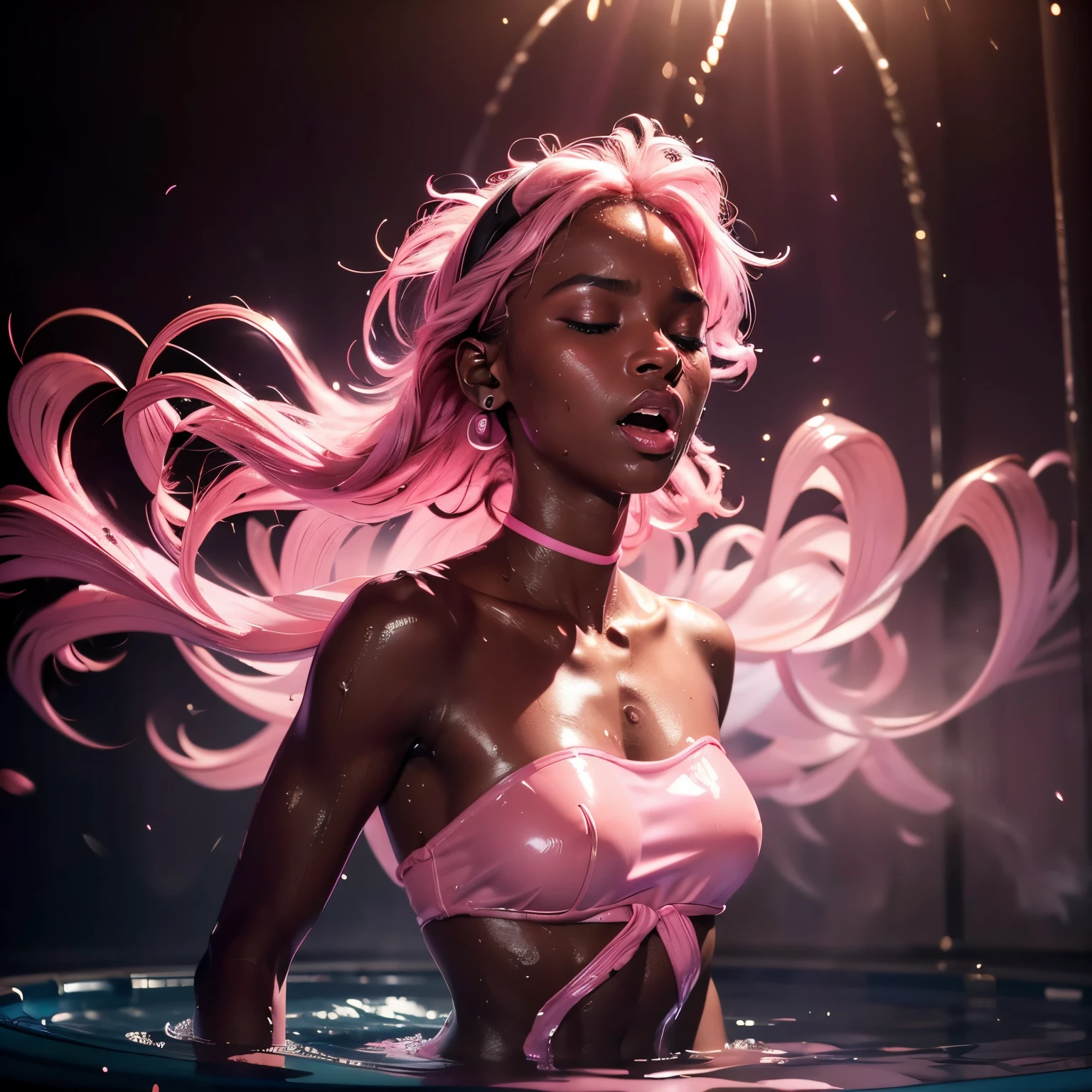 1girl, head phones, under pink bubble water, (18 years old), (dark skin), very dark skin, wide shot, (pink strapless dress), , (totally realistic), (Masterpiece, Professional lighting, 16k, 8k wallpaper, raw photo, photorealistic:1.8, ultra detailed, natural lighting, detailed skin sexy pose, open mouth, big lips, night time, eyes closed, pink light, steam, pink foam, magic energy, neon light, soaked, sweating, crying, screaming,