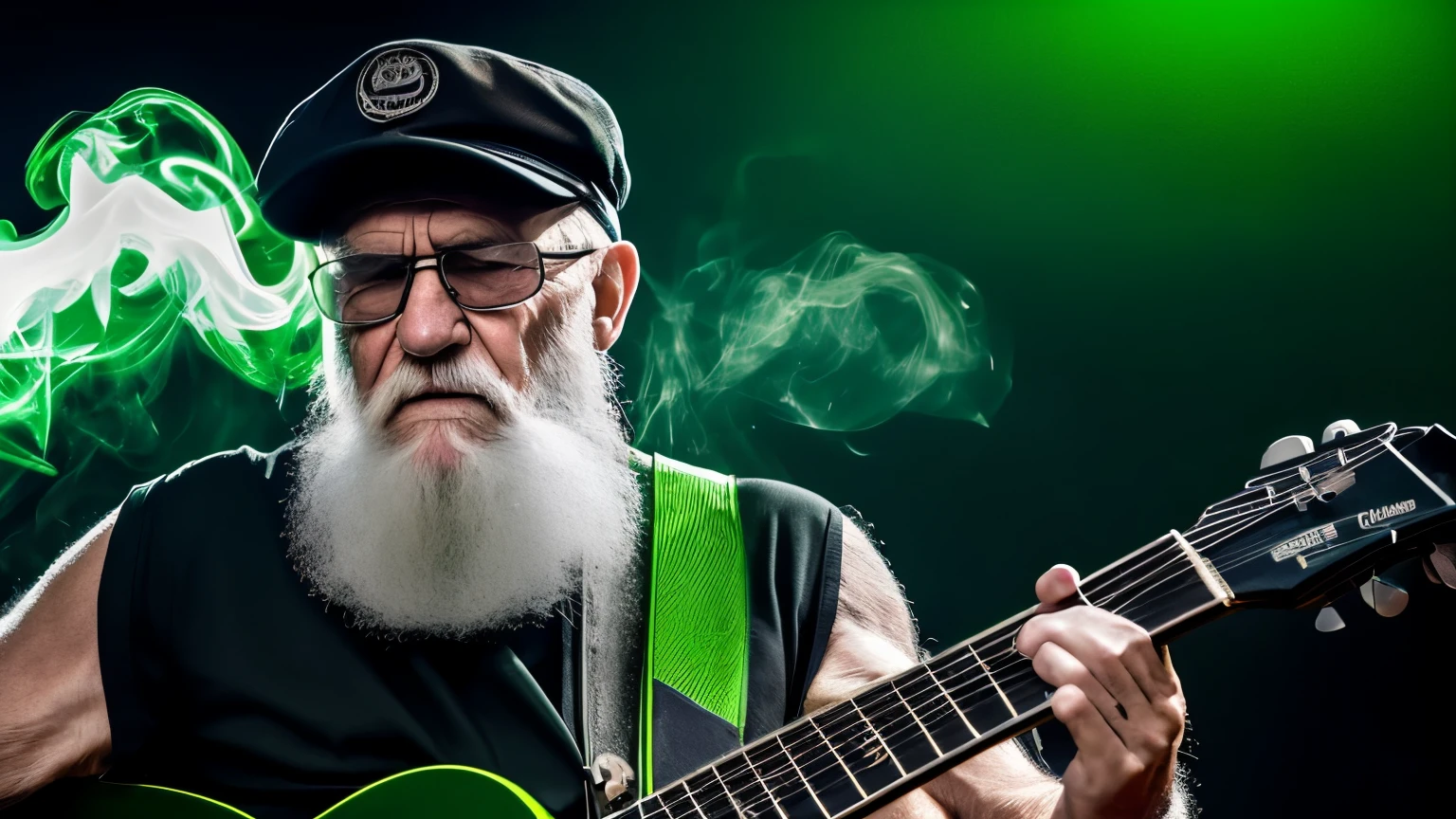 （（work of art，best qualityer）），8K Ultra HD Photo, sharp focus, Old man with a fierce face playing guitar, large white beard, Dark green cap, black jersey, Camouflage pants, green neon lights background, Green smoke background, background black dark, clima de show de heavy metal
