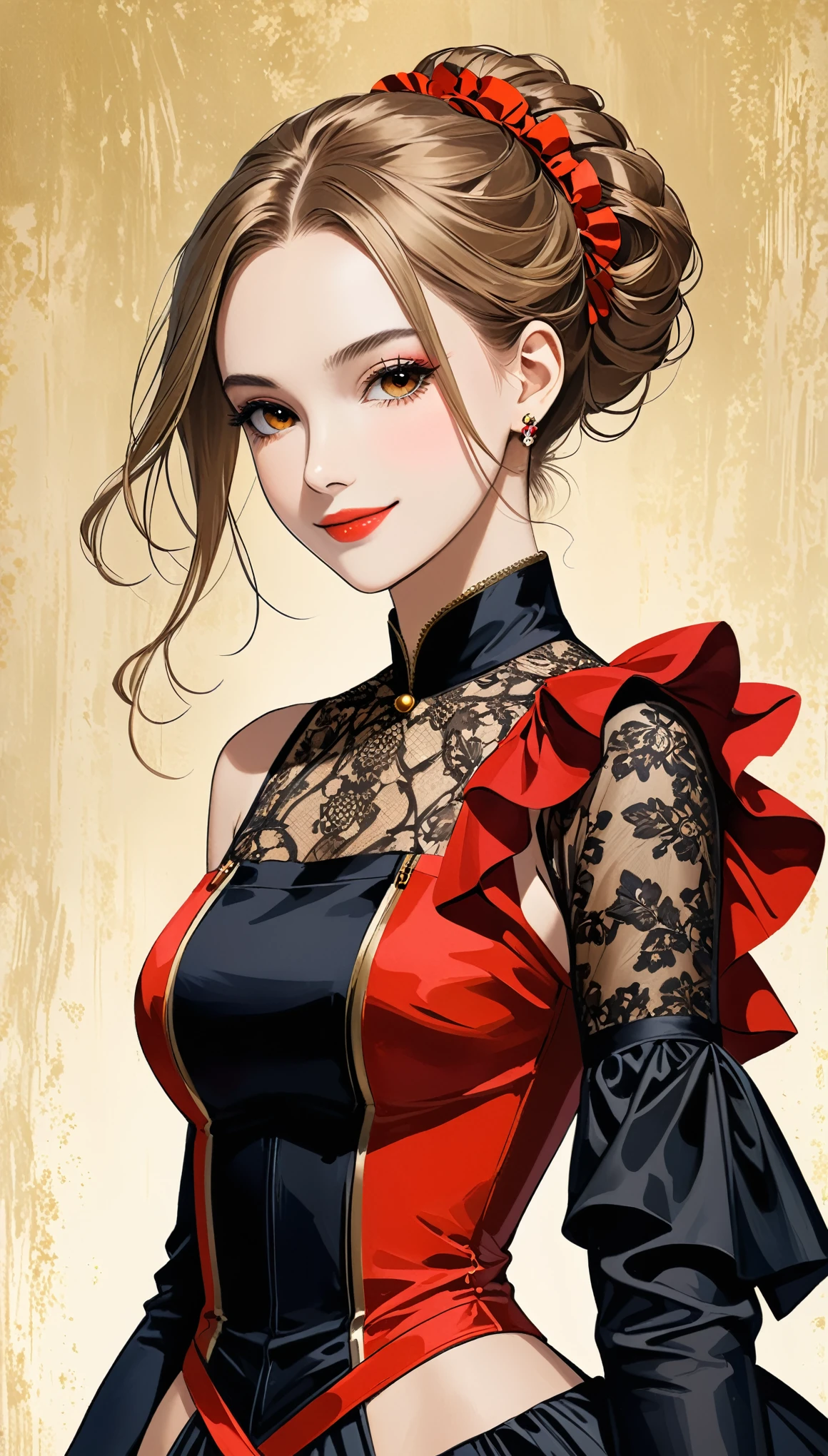 in style of Santiago Caruso,in style of Hans Hartung,in style of Camille Corot-【Thick brushstrokes】-,in style of Carolina Herrera-【Gorgeous clothing designer】-
(1girl character conceptual design,half body),gravure_pose,smile,(single sleeve:1.3),printed trim,more lively color matching,[goth punk|fishnets|mecha|rococo style dress],[bobcut | single bun | incredibly long hair | long curly hair]
