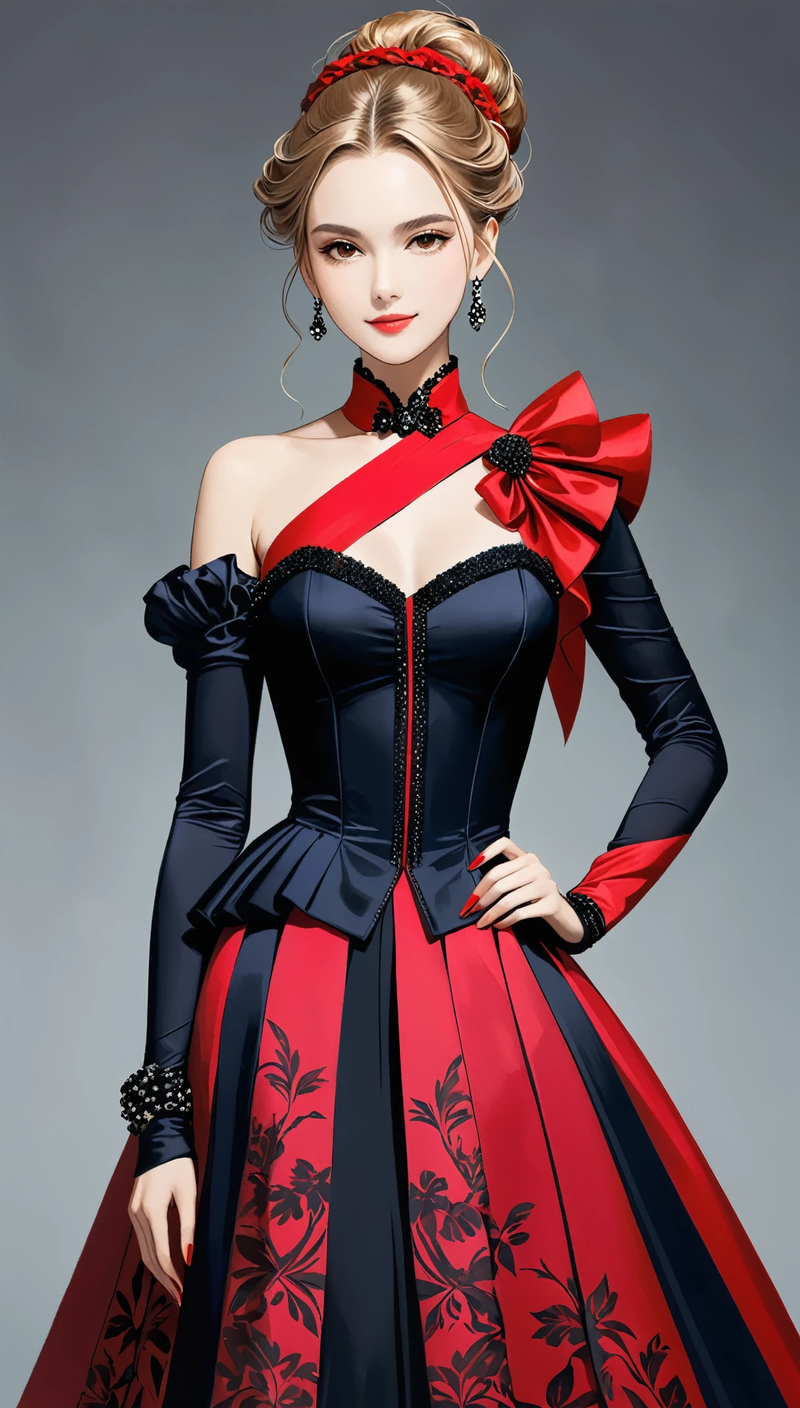 in style of Santiago Caruso,in style of Hans Hartung,in style of Camille Corot-【Thick brushstrokes】-,in style of Carolina Herrera-【Gorgeous clothing designer】-
(1girl character conceptual design,half body),gravure_pose,smile,(single sleeve:1.3),printed trim,more lively color matching,[goth punk|fishnets|mecha|rococo style dress],[bobcut | single bun | incredibly long hair | long curly hair]
