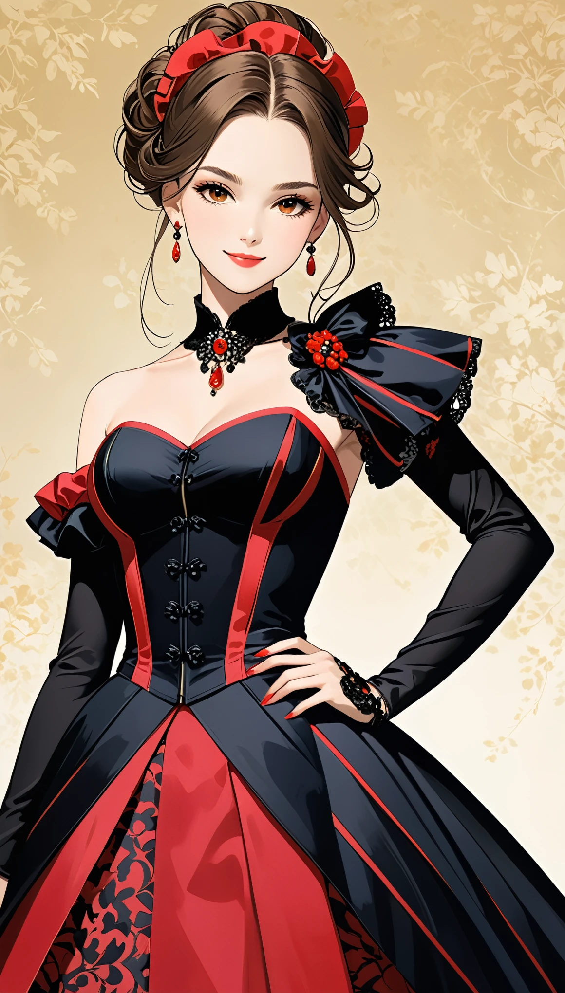 in style of Santiago Caruso,in style of Hans Hartung,in style of Camille Corot-【Thick brushstrokes】-,in style of Carolina Herrera-【Gorgeous clothing designer】-
(1girl character conceptual design,half body),gravure_pose,smile,(single sleeve:1.3),printed trim,more lively color matching,[goth punk|fishnets|mecha|rococo style dress],[bobcut | single bun | incredibly long hair | long curly hair]