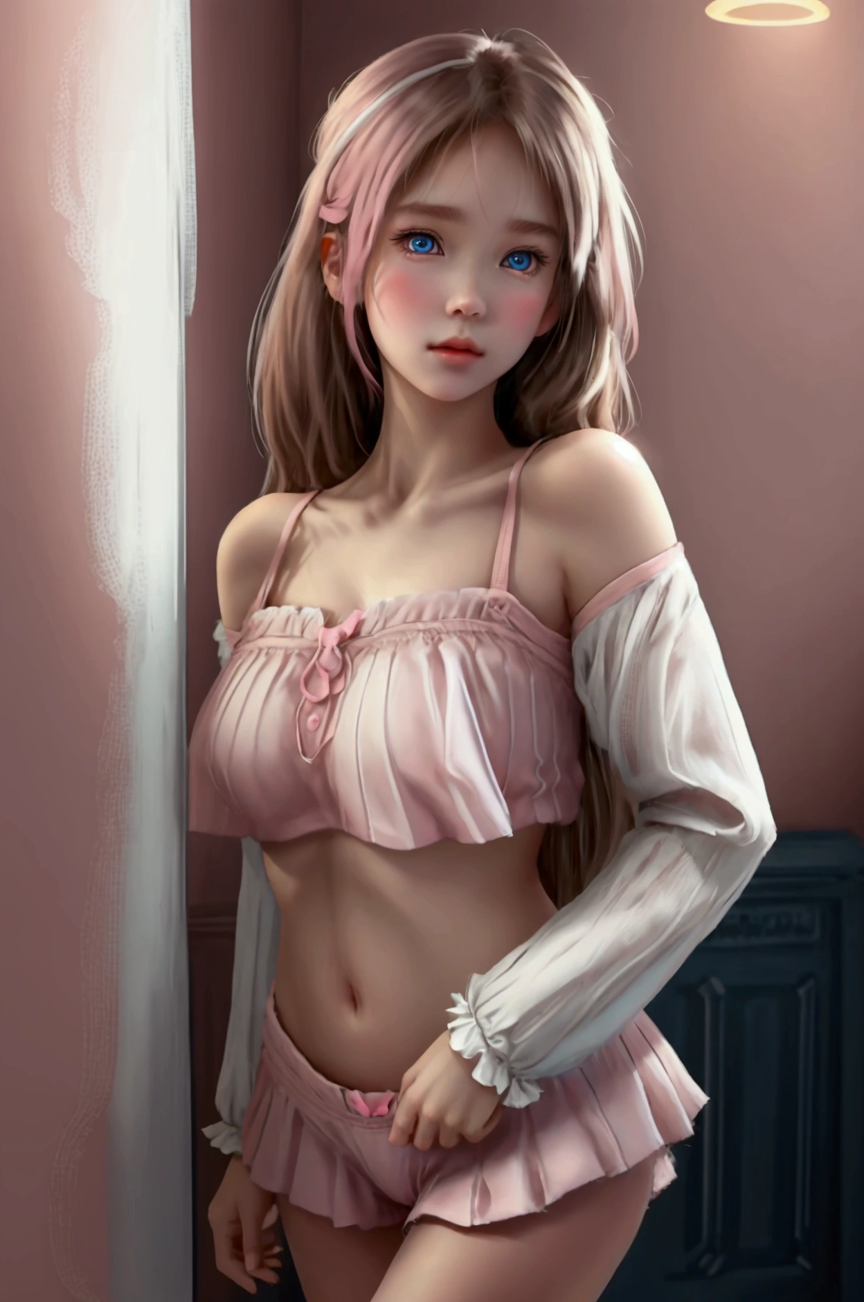 Young girl with delicate features, thin but cute face, light white skin with a slight blush, glowing light blue eyes, long, slightly wavy brown hair with pink highlights, wearing a light pink outfit consisting of a light pink long sleeve off-shoulder crop and short white ruffled booty shorts, she is in the room which is white and pink with cute decorations, she has her cell phone in her hand taking a selfie. 