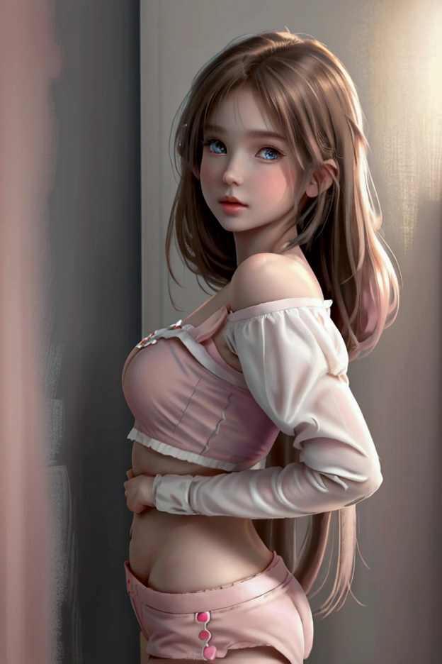 Young girl with delicate features, thin but cute face, light white skin with a slight blush, glowing light blue eyes, long, slightly wavy brown hair with pink highlights, wearing a light pink outfit consisting of a light pink long sleeve off-shoulder crop and short white ruffled booty shorts, she is in the room which is white and pink with cute decorations, she has her cell phone in her hand taking a selfie.