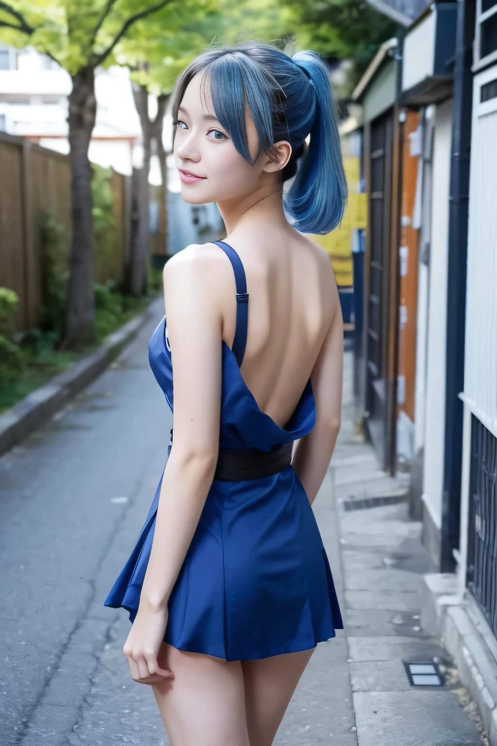 A anime high school girl, wear sexy kimono, short kimono, bare arms, bare back, bare shoulder, walking, long hair, light blue hair, look at viewer, blue eyes