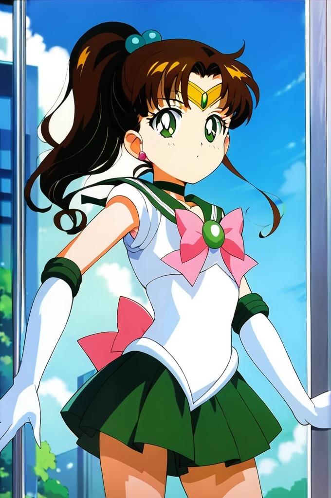 score_9, score_8_up, score_7_up, score_6_up, score_5_up, score_4_up, source_anime, (masterpiece:1.3),(highest quality:1.4),(Super detailed:1.5),8k,High resolution,an extremely delicate and beautiful,Official Art,Perfect Anatomy,(anime_screencap:1.11),(90s anime,90s anime style,Cel-shaded anime:1.47),anime coloring,(1girl:1.5), ((:1.52)),
((aajupiter:1.52)), long hair, ponytail, hair bobbles, tiara, earrings, green eyes, green choker, green sailor collar, pink bowtie, white shirt, white leotard, elbow gloves, white gloves, green skirt, pink bow