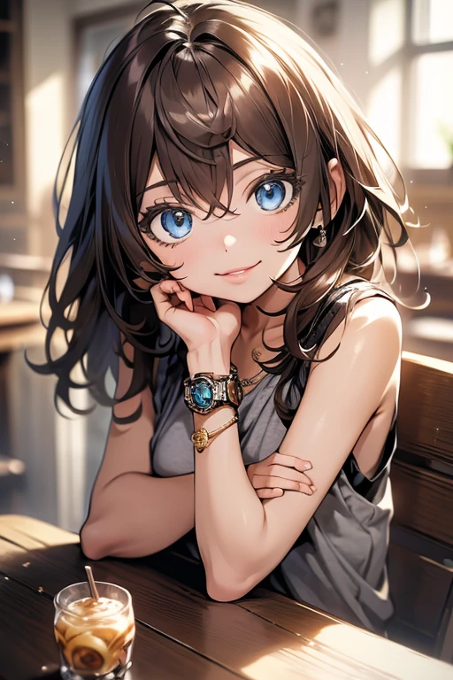 (masterpiece, best quality, ultra-detailed, highres, 4k),(beautiful detailed eyes),(very detailed face),(1girl),HDR,long hair, shorts, phone, brown eyes, brown hair, cellphone, bracelet, tank top, jewelry, watch, lips, solo focus, nail polish, blurry background, smile, wristwatch, realistic, blurry, looking at viewer