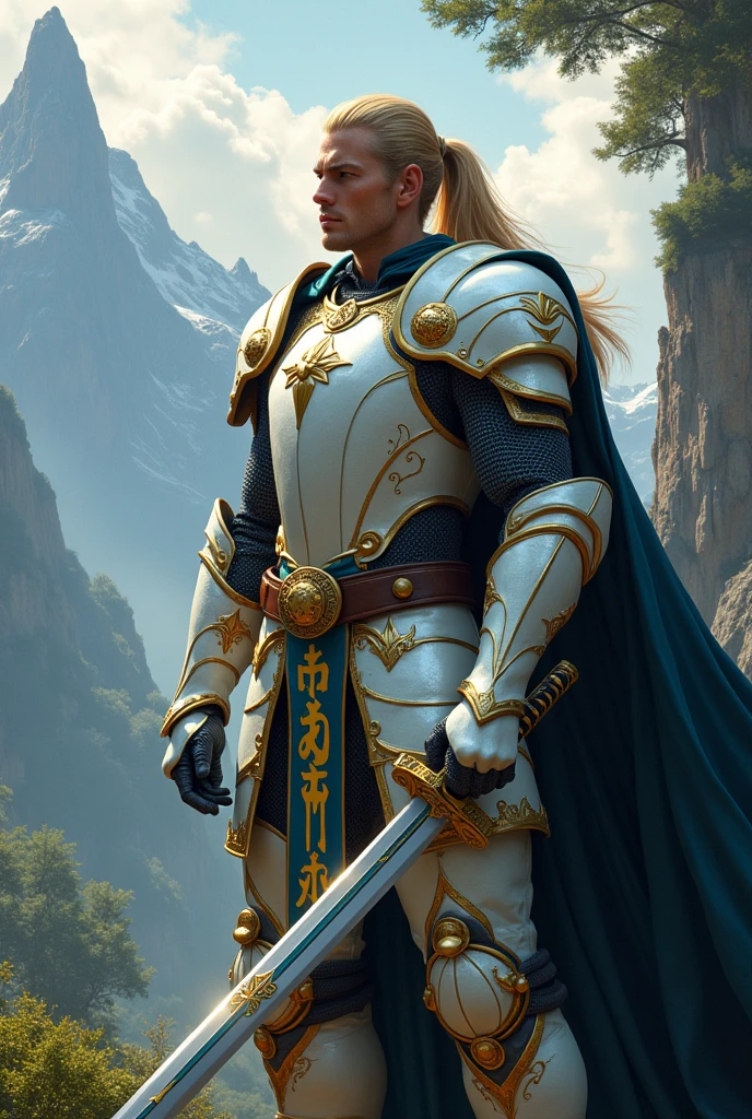 A male paladin knight with sturdy but small complete armor, helmet covering his entire face, muscular, a large blond ponytail, white and gold armor, wielding a Katana with yellow and blue grooves on the blade, Fantasy, Realistic.
