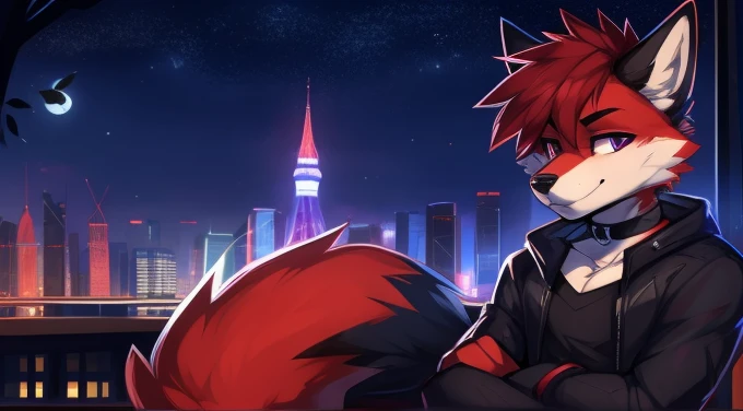 (Artist by zackary911, 8k, high quality, detailed eyes and fur, night, residents background), solo, male fox, anthro, red satured fur, red body, male body, purple eyes, black ears, red hair, short hair, hair cover eye, hands white, choker, eyeliner black, beige jacket, black shirt, alone, without group, without doubles, full length, completely complete everything. smiling, in the field