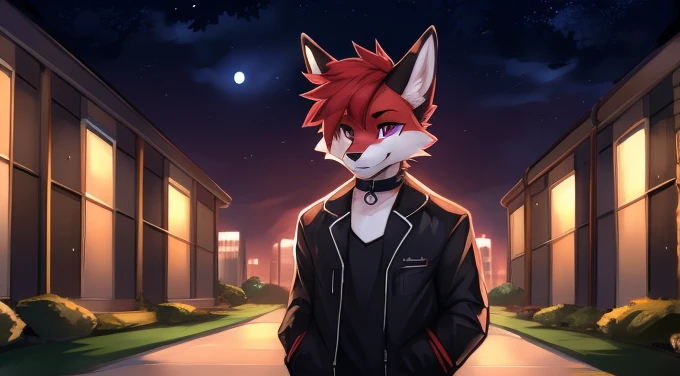 (Artist by zackary911, 8k, high quality, detailed eyes and fur, night, residents background), solo, male fox, anthro, red satured fur, red body, male body, purple eyes, black ears, red hair, short hair, hair cover eye, hands white, choker, eyeliner black, beige jacket, black shirt, alone, without group, without doubles, full length, completely complete everything. smiling, in the field