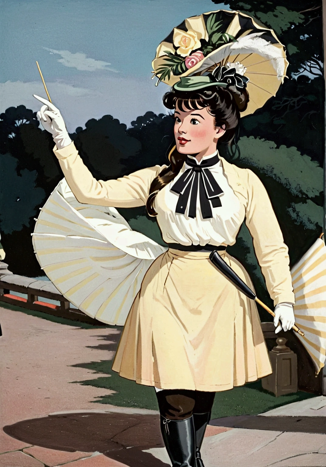 Year 1899. Veronica Lodge as an attractive, slutty yo brunette socialite daintily carrying a parasol, pinky finger raised. Yellow 1890_dr3ss and hat. High-collar long sleeve top, long skirt. Lifting her skirts, revealing her petticoats, stockings and boots. Full body