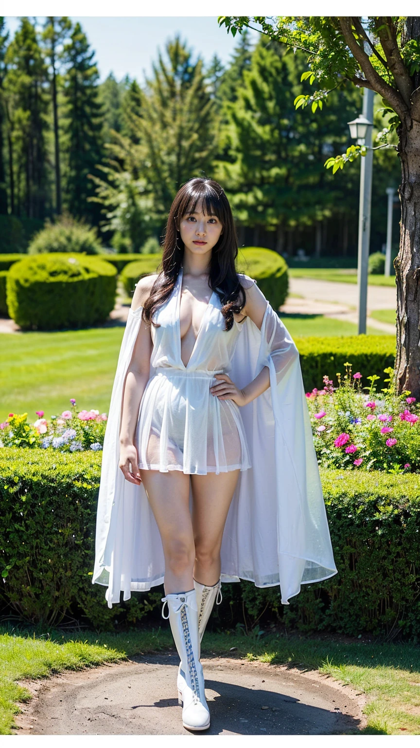 (8k、RAW Photos、Highest quality、masterpiece:1.2)、(Realistic、Realistic)、1 person、((mini skirt、Fantasy、Wizard Robe、Ice Magic、See-through、garden、garden、Breast enlargement、boots、cool、Thin legs、whole body、View from the front、Looking into the camera、Stand with hands on hips))、cute