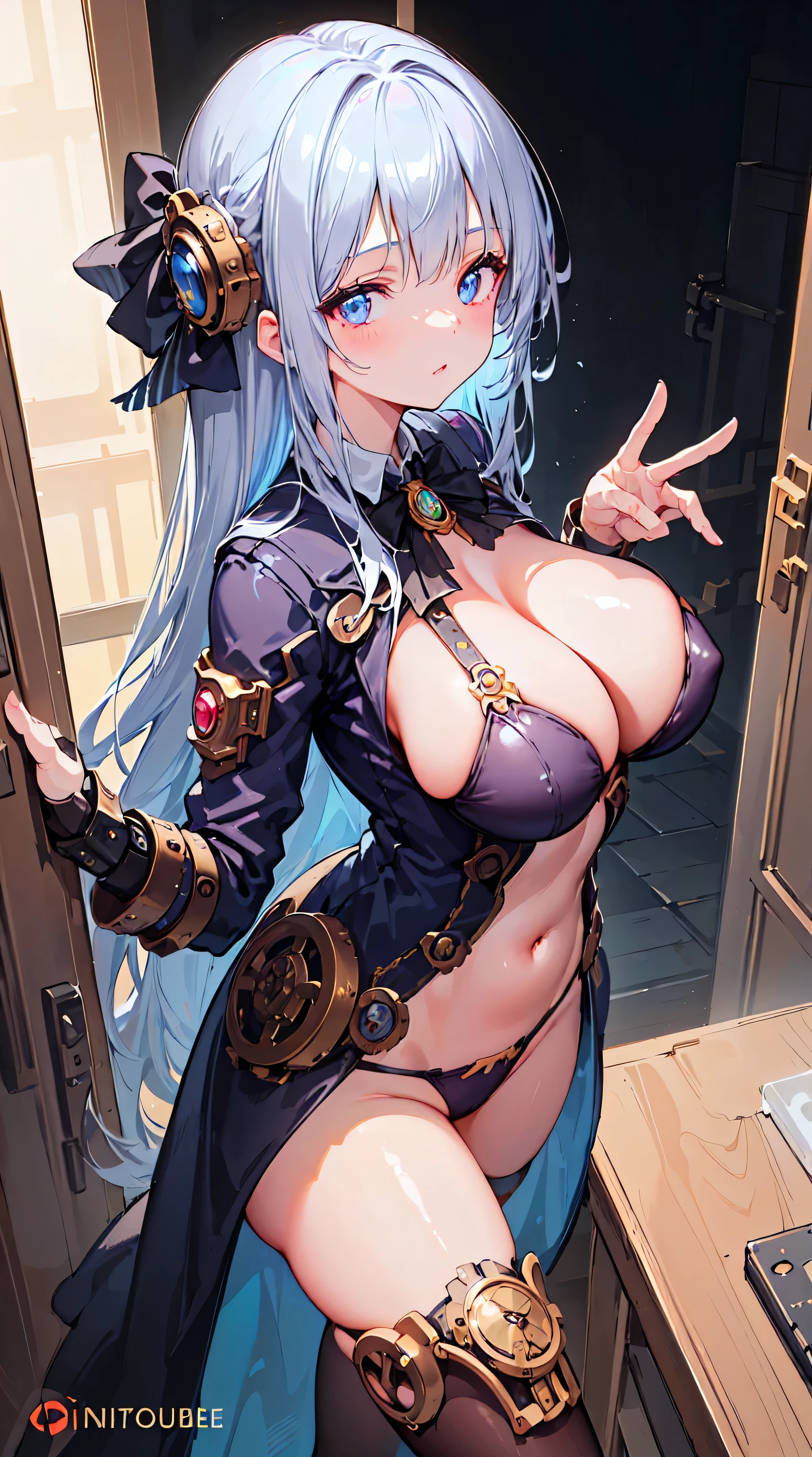 Ultra-high resolution, 8k,high quality,(((low length,、Young Girl、Oblique angle,steampunk、))),(、glowing、iridescent light,soft shadow,Anime Painting,thin line drawing),One Little Woman,(((Big Breasts、Symmetrical breasts))),