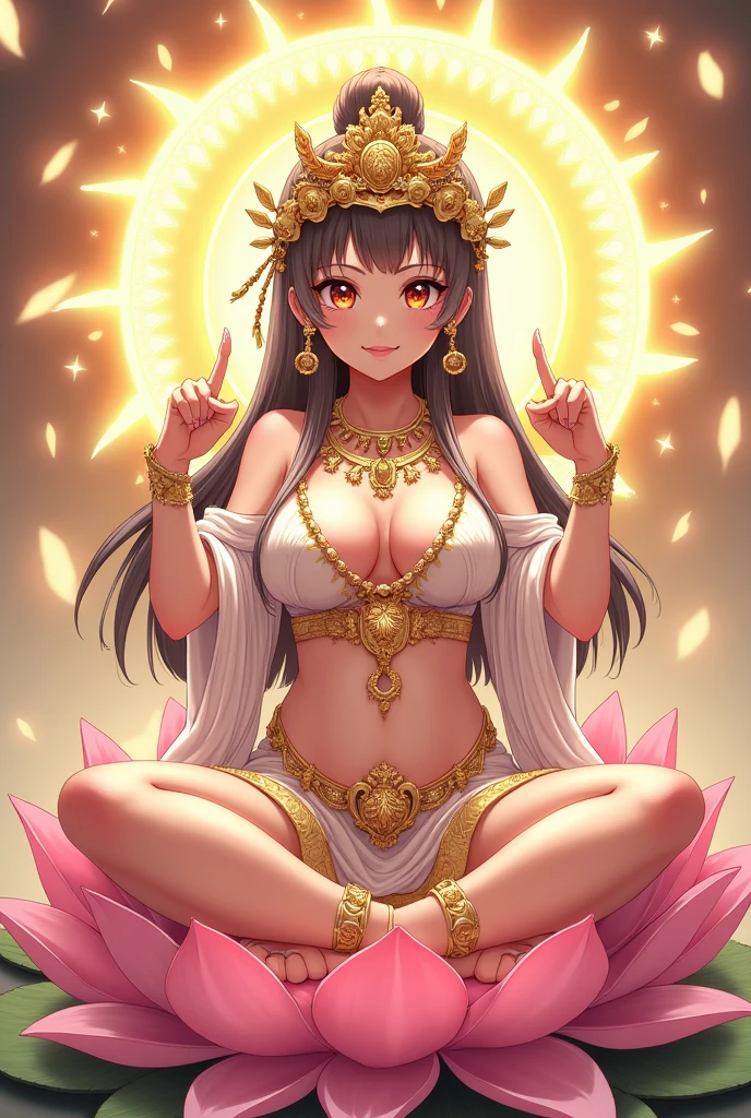 Ultra-high resolution, Attention to detail, Highest quality, (((女god))), Glamour body, Big Breasts, Full lower abdomen, Japanese Manga, Anime Style, Baby Face, The eyes are large, Full body portrait, See-through feather robe, Rings on the wrists and ankles, A necklace studded with jewels, Beautiful golden crown with decorations, god々New Background, Multiple lights dance in the air, Making a ring with the thumbs and index fingers of both hands, Sitting cross-legged, Sitting on a lotus flower