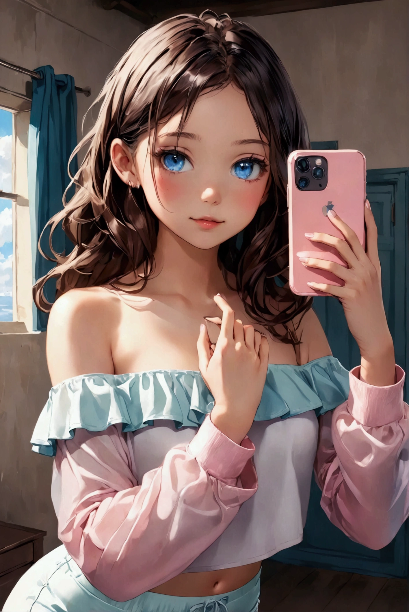 Young girl with delicate features, thin but cute face, light white skin with a slight blush, glowing light blue eyes, long, slightly wavy brown hair with pink highlights, wearing a light pink outfit consisting of a light pink long sleeve off-shoulder crop and white ruffled booty shorts, she is in the room which is white and pink with cute decorations, she has her cell phone in her hand taking a selfie.