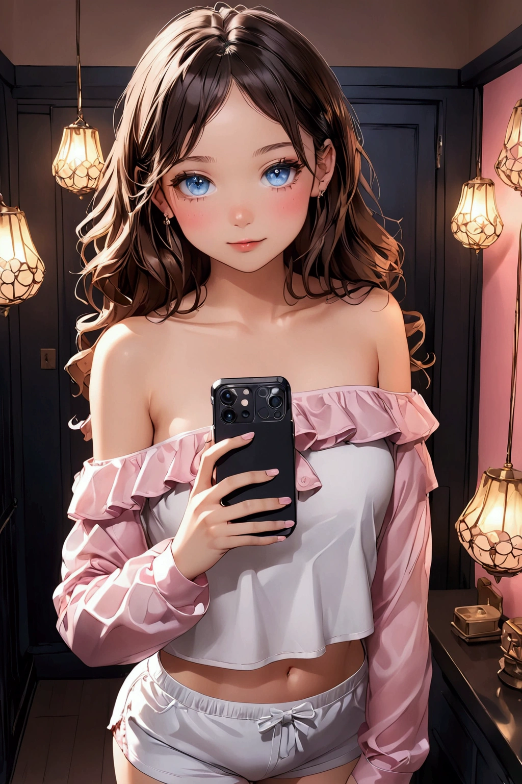 Young girl with delicate features, thin but cute face, light white skin with a slight blush, glowing light blue eyes, long, slightly wavy brown hair with pink highlights, wearing a light pink outfit consisting of a light pink long sleeve off-shoulder crop and white ruffled booty shorts, she is in the room which is white and pink with cute decorations, she has her cell phone in her hand taking a selfie.
