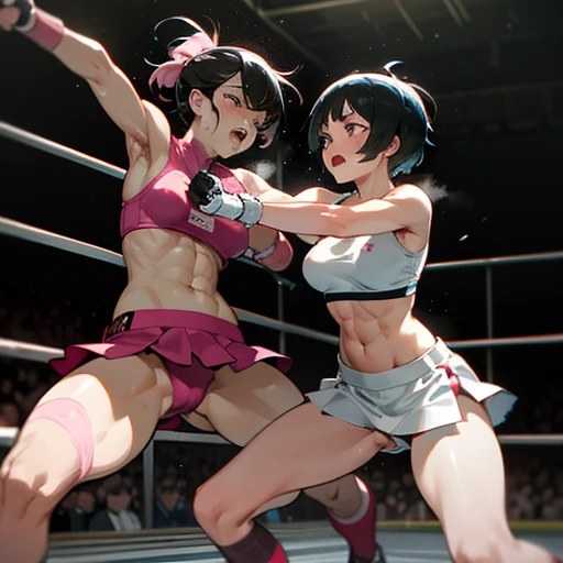 A fierce exchange of punches and kicks. they are beating each other so hard. two bloody beautiful Japanese female heavyweight fighters are looking at each eyes. survival battle. dynamic exciting action in the octagon fighting ring. whole body picture. they are covered in scars and bruises. they are damaged terribry. Short-cut black hair, out of breath, drooling from mouth, one eye closed, exhausted, drenched in sweat. Erect nipples. open finger glove. Ragged white and pink sports bra, high leg panty, Stockings. armwarmers. Whittled waistline, Muscular, six pack abs, very thick arms and thighs, super huge tits.