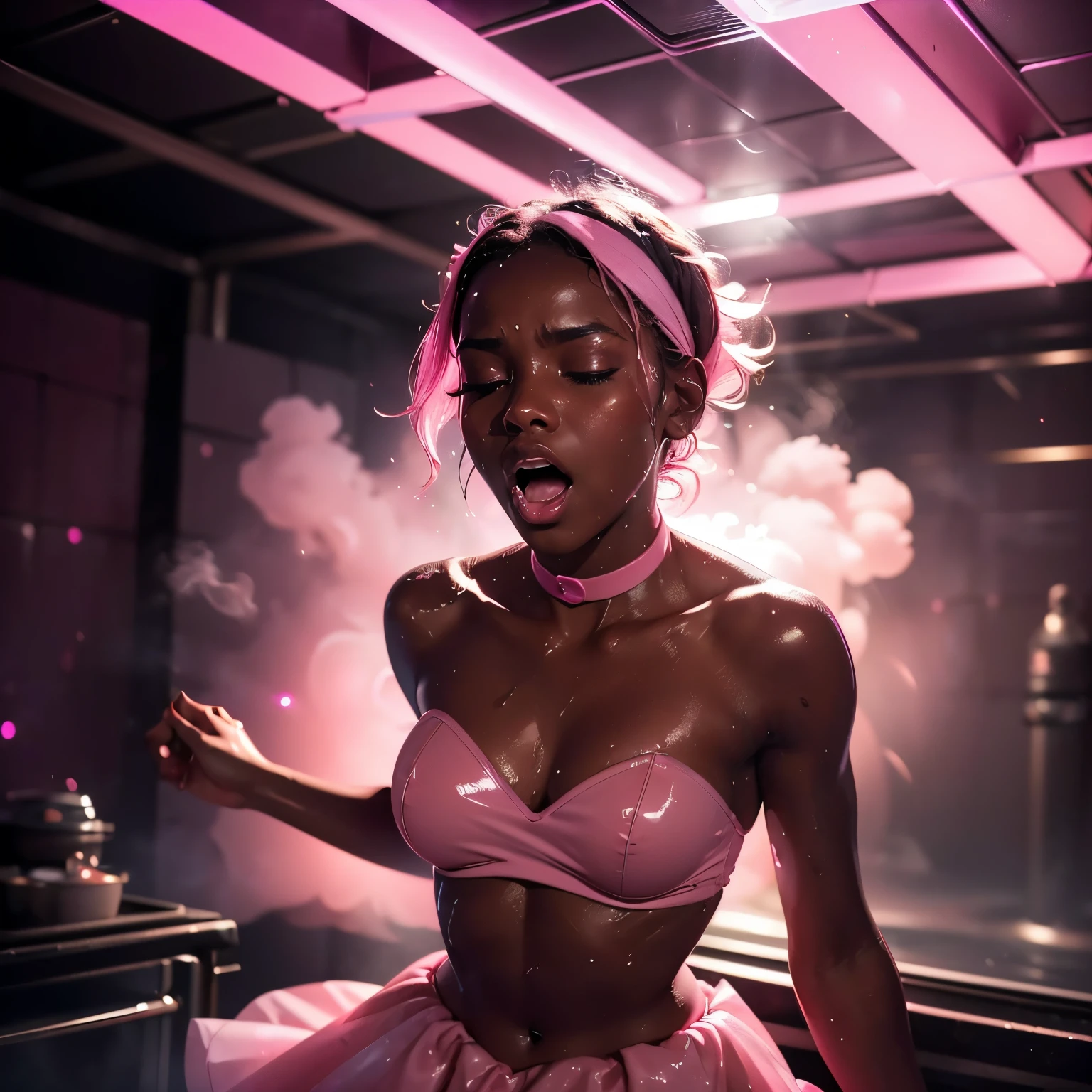 1girl, head phones, under pink bubble water, (18 years old), (dark skin), very dark skin, wide shot, (pink strapless dress), , (totally realistic), (Masterpiece, Professional lighting, 16k, 8k wallpaper, raw photo, photorealistic:1.8, ultra detailed, natural lighting, detailed skin sexy pose, open mouth, big lips, night time, eyes closed, pink light, steam, pink foam, magic energy, neon light, soaked, sweating, crying, screaming,