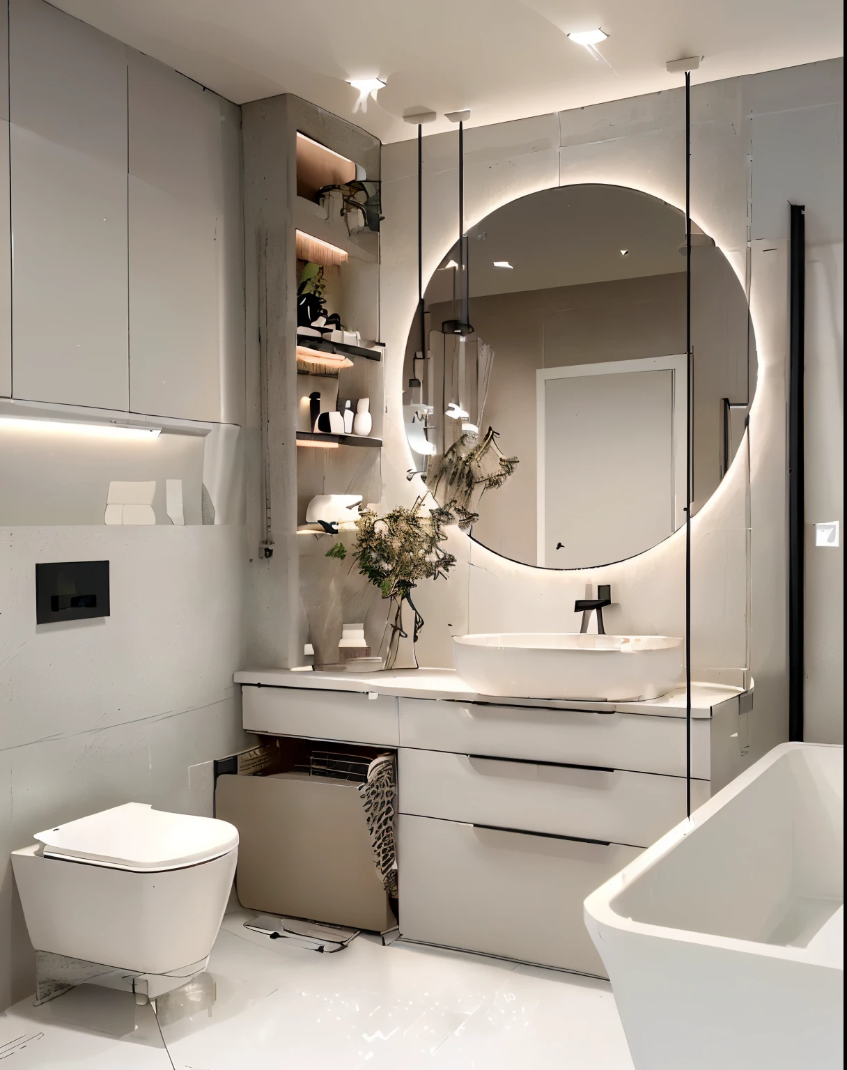 "Design a modern, minimalist bathroom with an emphasis on functionality and elegance. The space is medium-sized, with light matte white tiles on the walls and dark gray tiles on the floor. The shower is in the corner, featuring frameless glass doors and black hardware. Next to it is a sleek vanity with a light wood cabinet and slim black handles. A large frameless mirror hangs above the vanity, illuminated by subtle LED lighting. Nearby is a wall-hung toilet with a concealed cistern and additional wall storage in white, with black accents. The accessories are minimalistic: black towels, a white bath mat, and a few decorative elements made of natural materials, such as wooden soap dishes and glass vases with greenery. The lighting is discreet and indirect, with light strips integrated into the ceiling. The window is frosted for privacy but allows natural light to filter in."