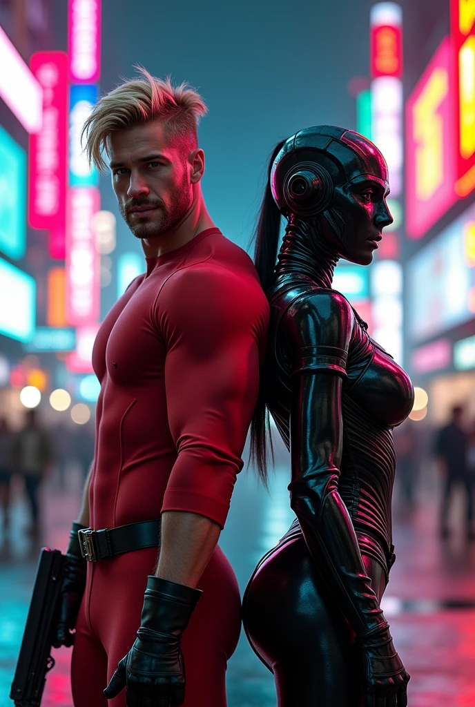 A man and an android pose back to backThe man is an adult, muscular but slim build, with blonde hair that is messy and looks like a bob down to his nape.He has messy hair, no beard, and is mostly blonde.Sideburns are long and bushy at the ends.Very friendly face, cigar in mouth,A tight red bodysuit that shows off her muscles, black leather long boots,A black leather wristband on his right wrist, (sleek black beam gun from his left elbow down:1.5),The beam gun is built into his arm, and the beam gun built into his hand is held up in front of his face.
The android was completely black, with a ninja-like appearance and a beautiful slender body, It's all made of metal,(a smooth head like a mannequin) , like a ninja, only the eyes were exposed, with no pupils and the whites of the eyes. It had curved protectors on its shoulders and short metal spikes.Beautiful cleavage, accordion-like armor-like shape from the chest to the waist,Androids are sexy Pose with the man back to back,Cyberpunk city background, lots of neon lights,