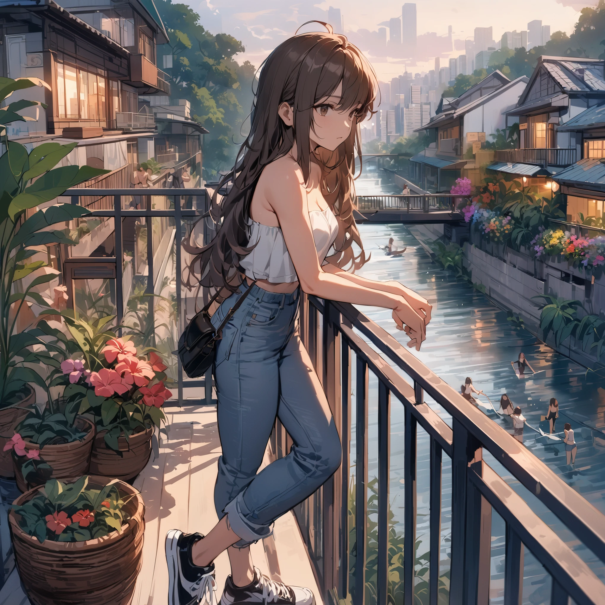 Best quality, masterpiece, stoic, very long hair, brown hair, (((swept bangs))), brown eyes, strapless white shirt, jeans, satchel, sneakers, small breasts, toned arms, tropical plants, outdoors, teal building, river, fencing, city buildings in distance, colorful flowers, weeds, trees, people in background, dusk,