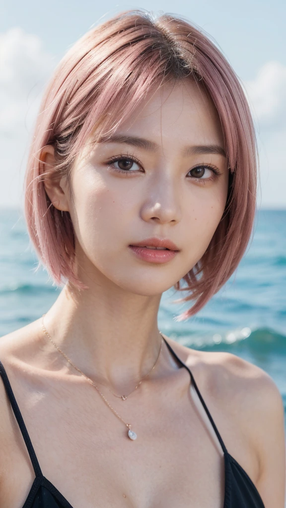 Model actress、One Woman、cool、Japanese and half European、Close-up of face、30 generation beauty、Realistic Skin、Seaside、short hair、4K images、Pink and flamboyant hair color
