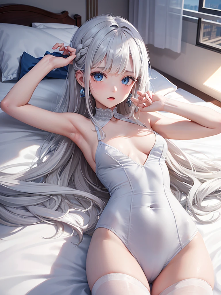 Character Details:, - Gender: 1Girl. Solo, Girly look, innocent look,
- Style: Anime, - Body Type: Attractive body, nice body, nice legs, slim tights, nice arms, nice shoulders. - Breast: (Cleavage, small Breast:1.2)- Facial Feature: Beautiful, Gorgeous, Fresh.
- Expression: Shy, Look, sweating, blush, open mouth, (blue eyes). - Hairstyle: Blunt Bangs. - Hair Color: (White Grey Hair:1.5), (Straight and Wavy Long Hair:1.3),
- Clothing: (Laced, Sleep wear, camisol.). - Body Pose: (lying on bed, sleep:1.3) (hands up). - Behaviour: Waiting, Want Something, Secretly.
- Accessories: Earrings, Thin Black Headband, Green Accessories, Environmental Details:, - Setting: Bed Room., - Lighting: Natural Light., - Decoration: Modern Bed, Chair, Window, White Curtain, City View. Top view. pov, anime style, UHD, retina, masterpiece, accurate, anatomically correct, textured skin.