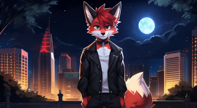(Artist by zackary911, 8k, high quality, detailed eyes and fur, night, residents background), solo, male fox, anthro, red satured fur, red body, male body, purple eyes, black ears, red hair, short hair, hair cover eye, hands white, choker, eyeliner black, beige jacket, black shirt, alone, without group, without doubles, full length, completely complete everything. smiling, in the field