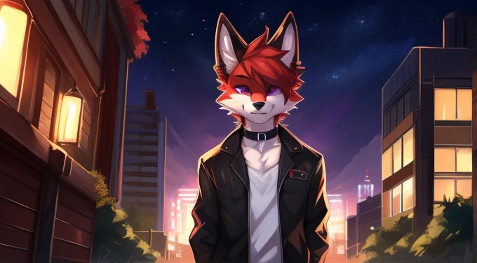 (Artist by zackary911, 8k, high quality, detailed eyes and fur, night, residents background), solo, male fox, anthro, red satured fur, red body, male body, purple eyes, black ears, red hair, short hair, hair cover eye, hands white, choker, eyeliner black, beige jacket, black shirt, alone, without group, without doubles, full length, completely complete everything. smiling, in the field
