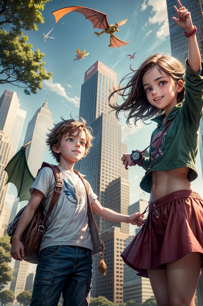 **Image 1:** Max and Sparky are standing in a bustling modern city park. Max, a cheerful young boy with messy brown hair, is pointing towards a tall tree where a colorful kite is stuck. Sparky, a small green dragon with bright eyes and a friendly smile, is flapping his wings and preparing to help. A  stands nearby, looking worried.

**Image 2:** Sparky is using his magic breath to gently lower the kite from the tree while Max and the  watch in awe. The girl is reaching out excitedly to grab her kite, and Max is smiling at Sparky, who looks proud and happy. The background shows the city skyline, emphasizing the modern setting.