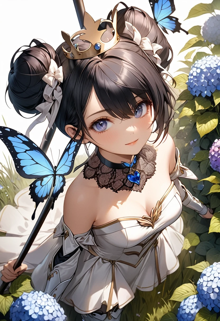((Extremely detailed)),(Very detailed),(Painting), Chiaroscuro, Very detailed CG ユニティ 8k 壁紙, Gwendolyn, Hip feathers, Holding pole arm, Strapless Dress, Crown, Removable sleeves, choker, Armored Thigh Boots, Feather hair bun, Look forward, View your viewers, White Background, bug, butterfly, Grass, Hydrangea, leaf, mushroom, nature, plant, apple, avert your eyes, look up, From above,