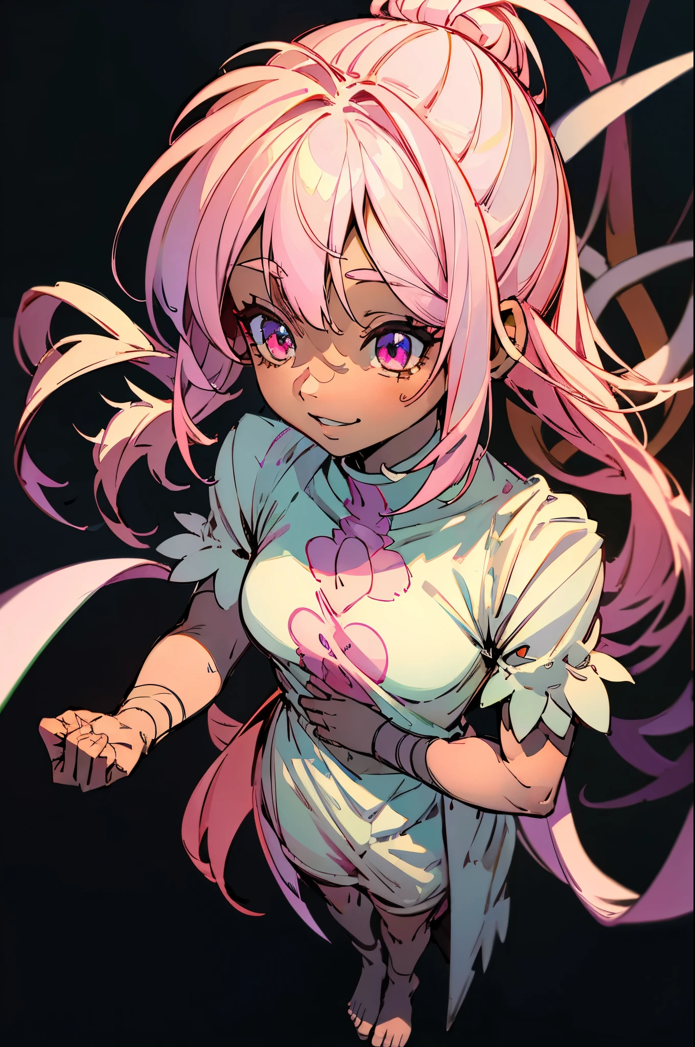 a 10 year old girl, who looks like the child Boa Hancock, with extremely light pink long hair, magical blue and pink eyes, dark skin, genuine smile wearing a simple white dress that goes down to her thighs, she is barefoot, beautiful detailed eyes, beautiful detailed lips, extremely detailed eyes and face, long eyelashes, studio lighting, highly detailed, 8k, hyper realistic, photorealistic portrait, fantasy, whimsical, ethereal, soft pastel colors, natural lighting, whole body, full body, full body shot, childlike body