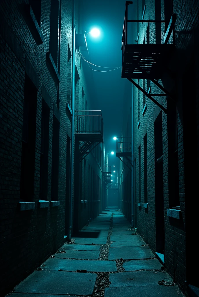 Photo of simple narrow winding abandon alleyway, brick walls with dark windows and fire escape, one point perspective. Multiple entrances leading to other alleyways in walls. Very dark night time, dark deep blue