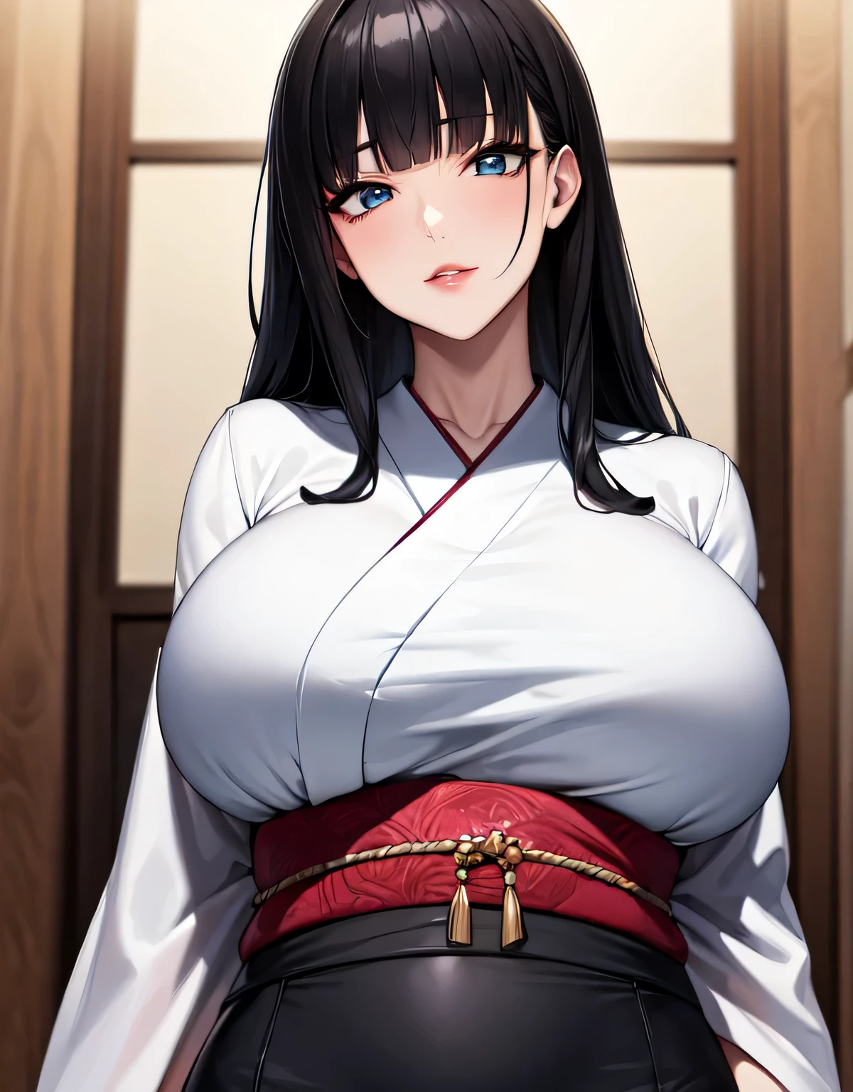 (large breasts:1.55),(shiny,hair),((solo)),((masterpiece)),((best quality)),perfect anatomy,slim waist,perfect image,8k UHD,(beautiful detailed eyes:1.5),extremely detailed face,standing,(upper body:1.25),(look at the front:1.5),arms behindback,ultra-detailed,absurdres,highres,indoor room,kimono,japanese clothes,lips,erotic lips,(black hair),(blunt bangs),semi-long hair,