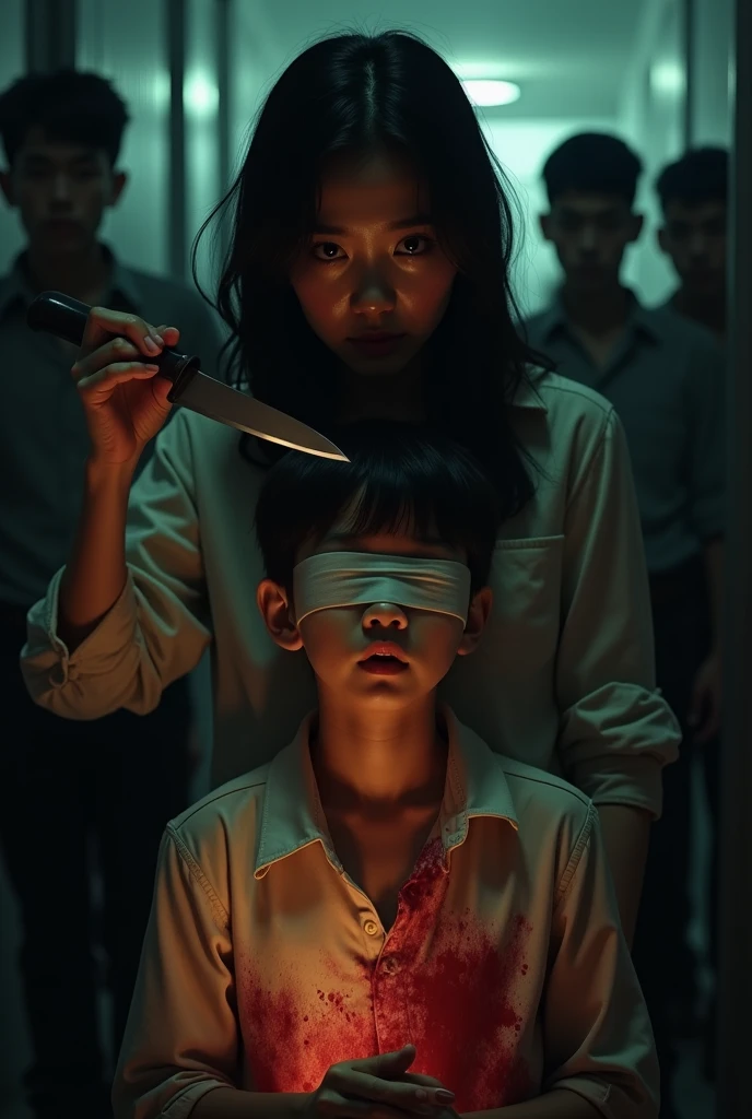 Korean sexy very beautiful woman, stuck the knife throat of a boy blindfold blood in the neck