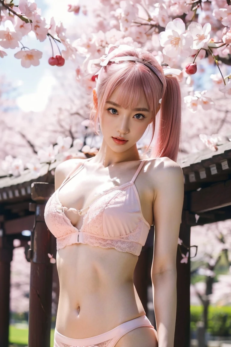 (I see a sports bra)、(((Sexy pink lingerie)))、Bangs and twin tails、belly button and lower chest are visible、Pink hair、shiny skin、((Shy face))、((Blushed))、(teary eyes)、cry、(((A temple filled with cherry blossoms)))、((beautiful picture))，(masterpiece details RAW photos:1.25), (best quality:1.6), (Ultra-high resolution:1.5), (actual:1.75), 8K resolution, Canon EOS R5, 50 mm, absurd, Super detailed,movie lighting、((Sexy tong))