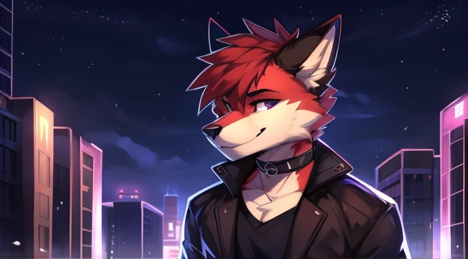 (Artist by zackary911, 8k, high quality, detailed eyes and fur, night, residents background), solo, male fox, anthro, red satured fur, red body, male body, purple eyes, black ears, red hair, short hair, hair cover eye, hands white, choker, eyeliner black, beige jacket, black shirt, alone, without group, without doubles, full length, completely complete everything. smiling, in the field