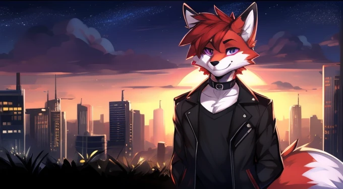 (Artist by zackary911, 8k, high quality, detailed eyes and fur, night, residents background), solo, male fox, anthro, red satured fur, red body, male body, purple eyes, black ears, red hair, short hair, hair cover eye, hands white, choker, eyeliner black, beige jacket, black shirt, alone, without group, without doubles, full length, completely complete everything. smiling, in the field