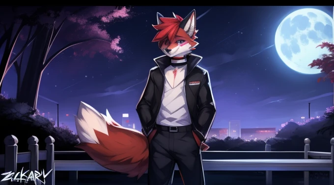(Artist by zackary911, 8k, high quality, detailed eyes and fur, night, residents background), solo, male fox, anthro, red satured fur, red body, male body, purple eyes, black ears, red hair, short hair, hair cover eye, hands white, choker, eyeliner black, beige jacket, black shirt, alone, without group, without doubles, full length, completely complete everything. smiling, in the field