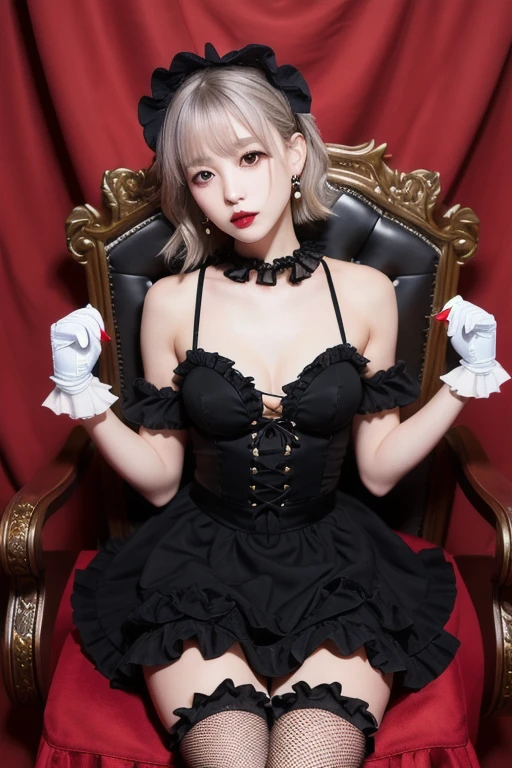 (8k, Realistic, RAW Photos, Highest quality: 1.4),A Japanese idol-like beautiful girl,model,1 person,18-year-old,(Short Bob),(Silver Hair :1.1),She has her hair tucked behind her ear,head band,Transparent grey eyes,Long eyelashes,(eye shadow(black)),eyeliner((black)),(Earrings(small)),(pale, Lifeless skin(Foundation)),(Lip gloss(scarlet :1.1)),thin long neck,Large Breasts,(Lace gloves(black)),(gothic ta dress(Frills,Puffy long skirt :1.3)),(layer),(Fishnet tights),(Lace-up platform shoes),Sitting in a chair,(Legs in a V-shape),(A room background with Gothic-style heavy stone stained glass),Full body portrait