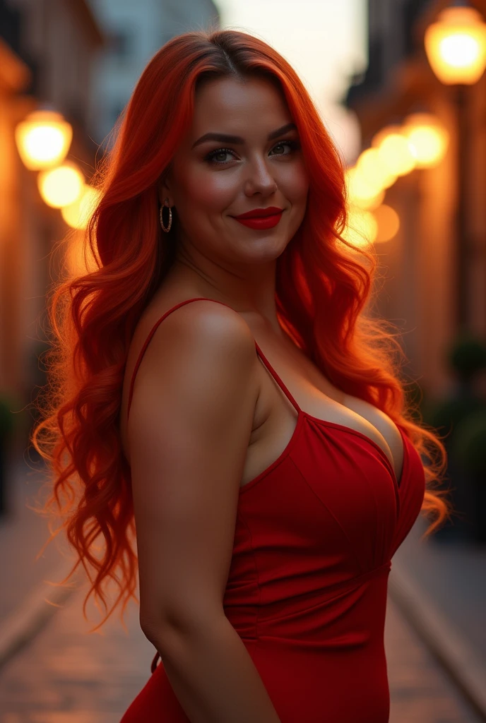 Draw a y red-haired woman with bigd red lipstick, but make her look like a real woman.. Let it be as you drew it before, but with even bigger breasts.