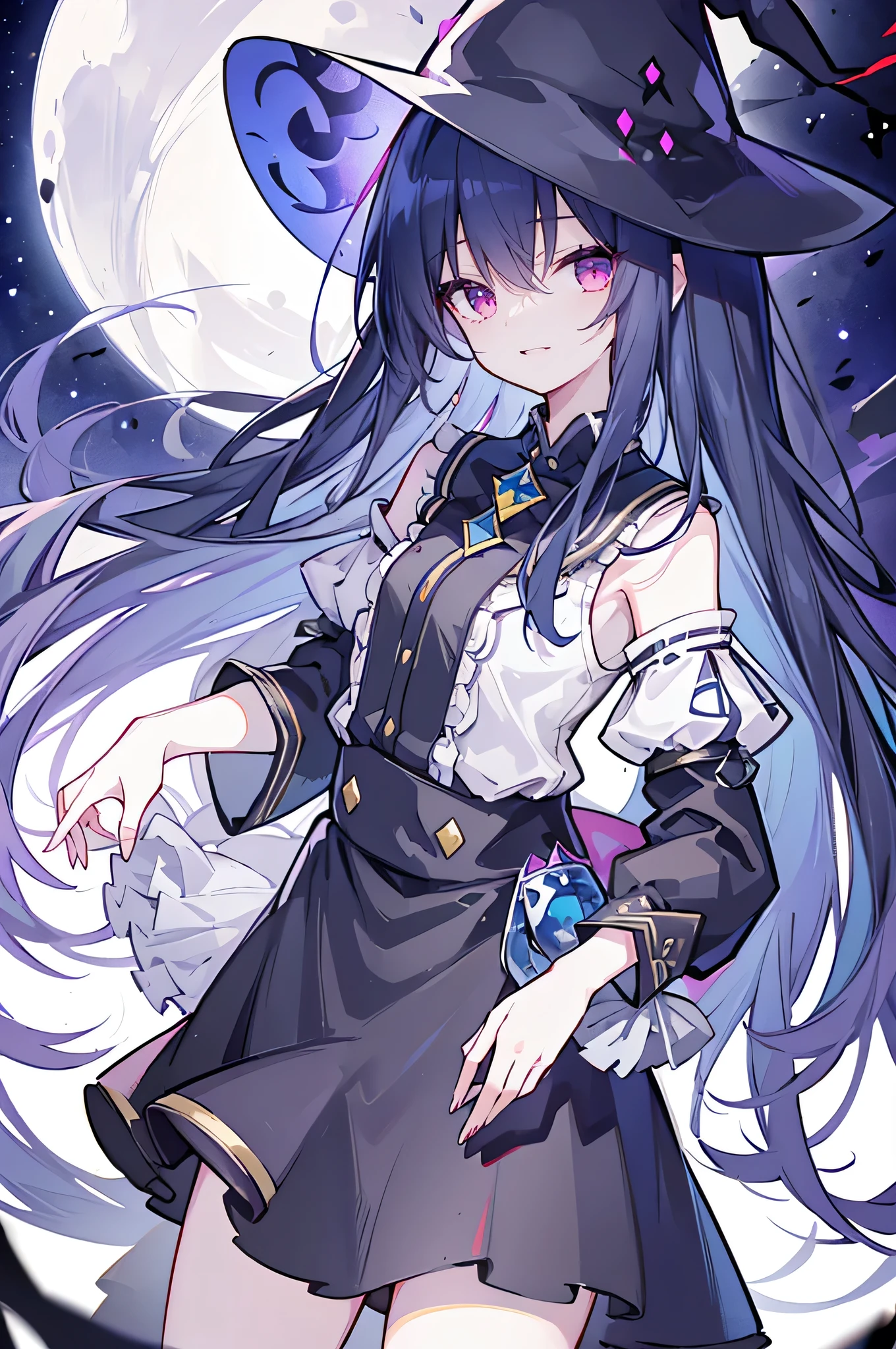 oung Girls,Humanity,A magician always smiles,big witch hat,cute,dark blue long hair,The eyes are dull,The bangs are heavy,Thin eyebrows,fantasy,intake,Double teeth,Star Theme,Constellation pattern,Solid color clothetal decoration,cloak,A bit of a dark atmosphere,A little crazy smile,When the big moon shines outside at night,blood,Hair black star embellishment,Short tie,No nails,High waist skirt,Bell sleeves,Long-sleeved shirt,Black tie,low risk,gentlemen。Mist、Yellow and white effect,Shocking pink as an accent color