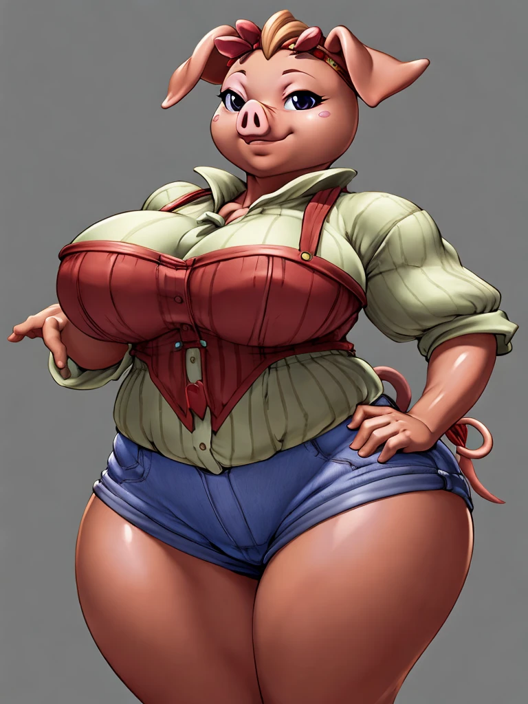 ((pig)), furry female anthro,pig girl,HD,sharp,beautiful and detailed,woman ((anthro)),1girl,Milf, mature woman,pink skin,(look at viewer) ,by dr comet,by pochincoff, by jlullaby,by kingbang,by obui,by ZeroQrisu,by sparrow,by gmeen,farmer, farmer outfit,standing,((simple background)),(gray background,)