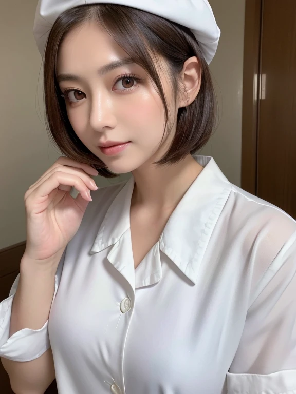 (highest quality, 8k, 32K, masterpiece, Hmm:1.2),Photos of beautiful Japanese women, 1 girl, (medium short dark brown hair), (big breasts), double eyelid, white nurse uniform, little white nurse (cap), white shirt, open shirt, hospital, hospital room, Upper body, sexy