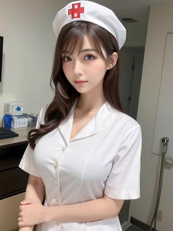 (highest quality, 8k, 32K, masterpiece, Hmm:1.2),Photos of beautiful Japanese women, 1 girl, (medium short dark brown hair), (big breasts), double eyelid, white nurse uniform, little white nurse (cap), white shirt, open shirt, hospital, hospital room, Upper body, sexy