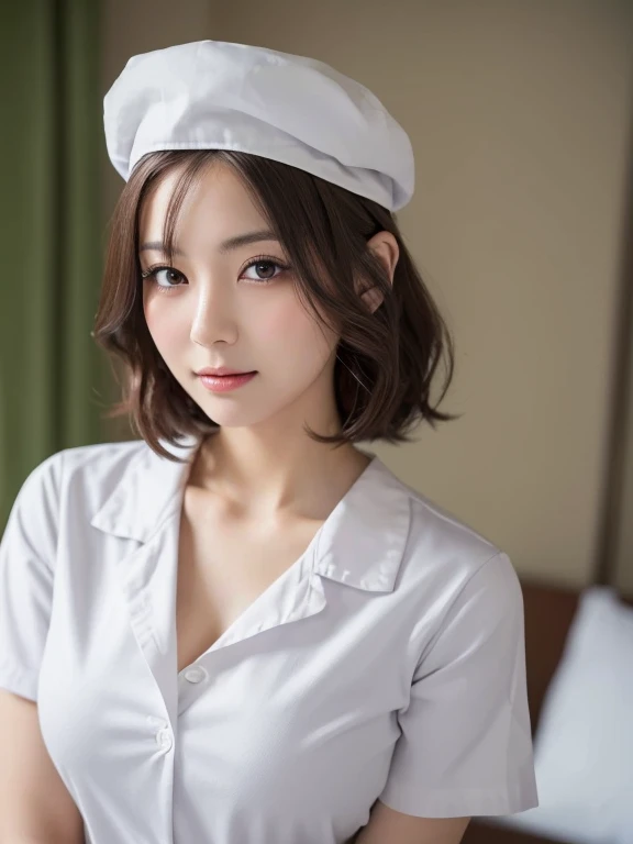 (highest quality, 8k, 32K, masterpiece, Hmm:1.2),Photos of beautiful Japanese women, 1 girl, (medium short dark brown hair), (big breasts), double eyelid, white nurse uniform, little white nurse (cap), white shirt, open shirt, hospital, hospital room, Upper body, sexy