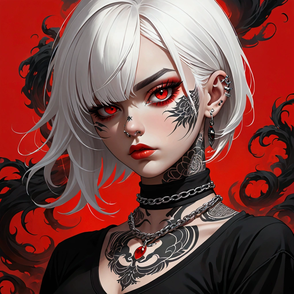 "A striking digital art piece featuring, emphasizing the intense and modern style of the image, 1Girl, Full body tattooed, Tattoos Getting covering the face, piercing ear's,, Labret piercing, Chain on neck, Chocker, white hair, Hair bang, Head down looking at Viewers, Dark aura and vibe, Full confidence, badass, black T-shirt, Red eyes, Perfect Eyes, Red colour Background