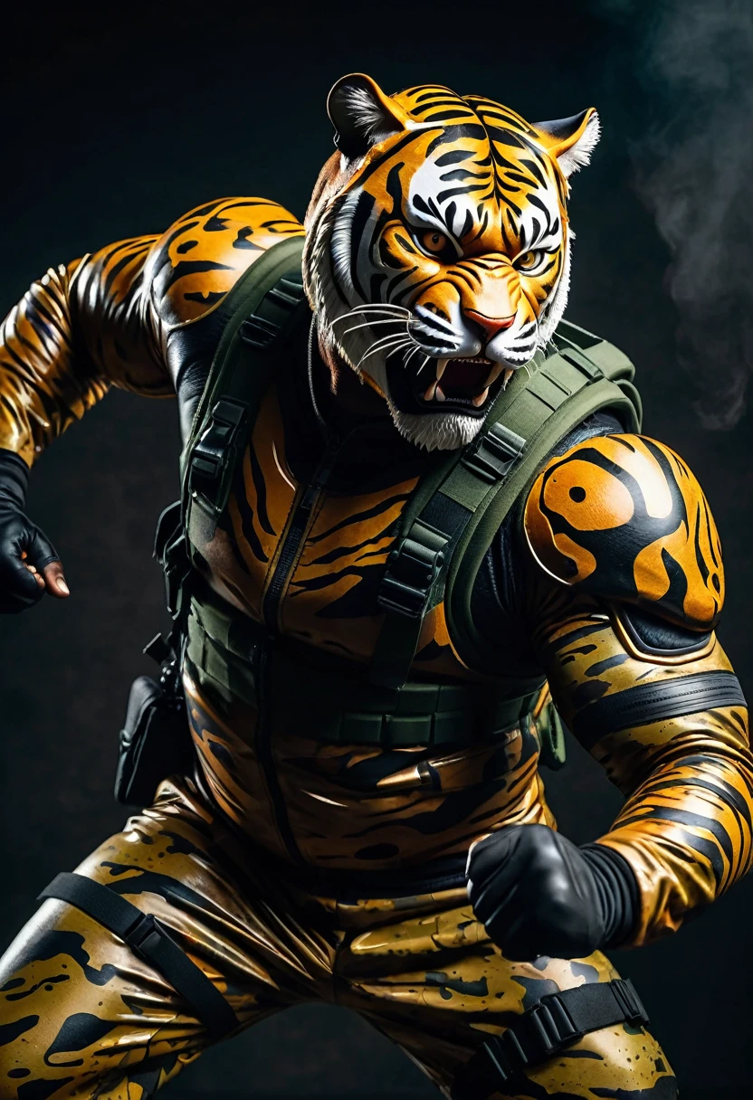 (a dark-skinned fat muscular old man in a bulky army camouflage zipper diver suit) carrying an AK-47, (wearing realistic roaring tiger mask), dynamic action pose, fierce expression, showcasing an imposing stature, surrounded by military elements, dramatic shadows and intense highlights, cinematic color tones, high detail, powerful, art influenced by Bruce Onobrakpeya and Stanley Artgerm, ultra-detailed, best quality image, action-packed atmosphere. fighting stance