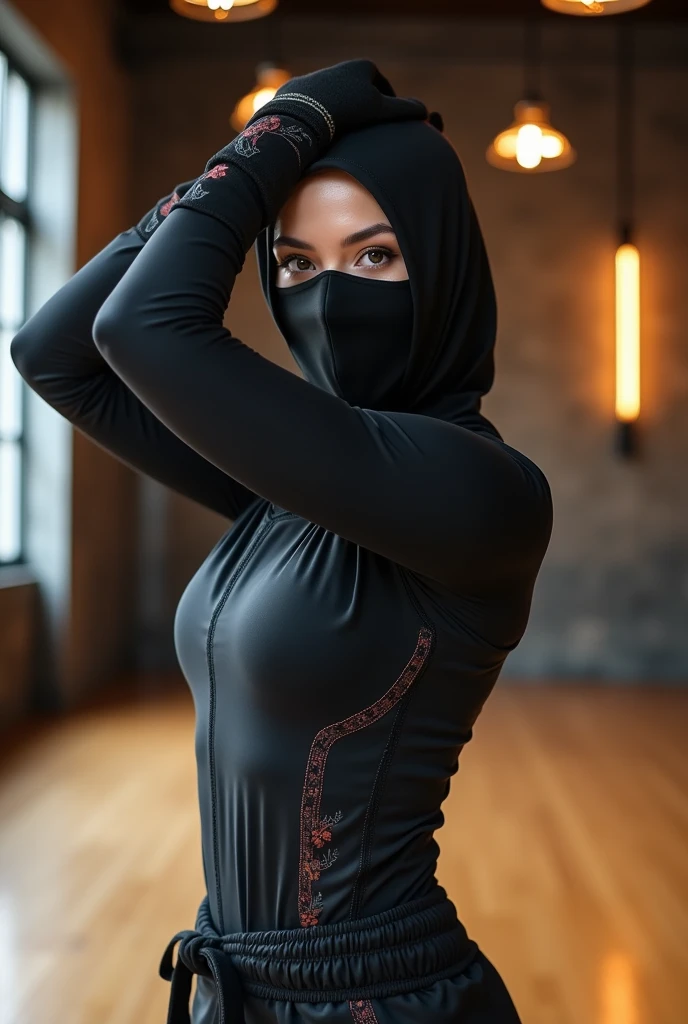 Woman dressed as a ninja and wearing a mask over her mouth doing a Muay Thai salute 