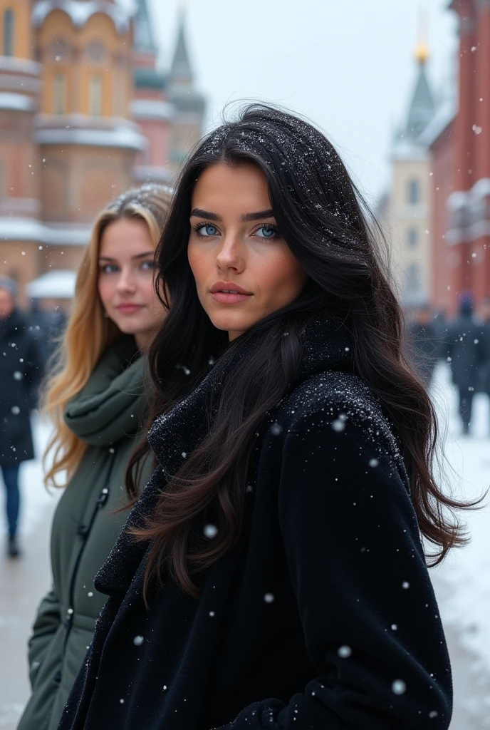 Beautiful 24-year-old black-haired girl with blue eyes walking through the snowy streets of Moscow next to her, a blonde girl with blue eyes, the two girls walk in an elegant and refined way, photorealistic, high quality, 4k, 8k, work masterful, vivid and ultra-detailed colors, HDR, studio lighting, sharp focus, physical rendering, professional portrait